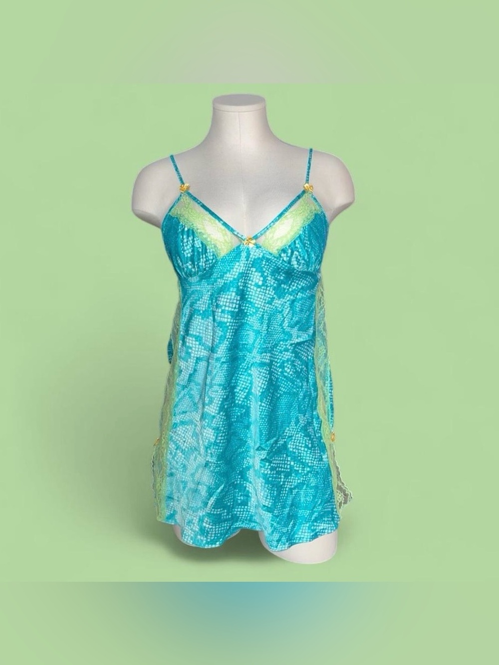 Betsey Johnson Turquoise Chemise with Lime Lace Trim - Picture 1 of 7